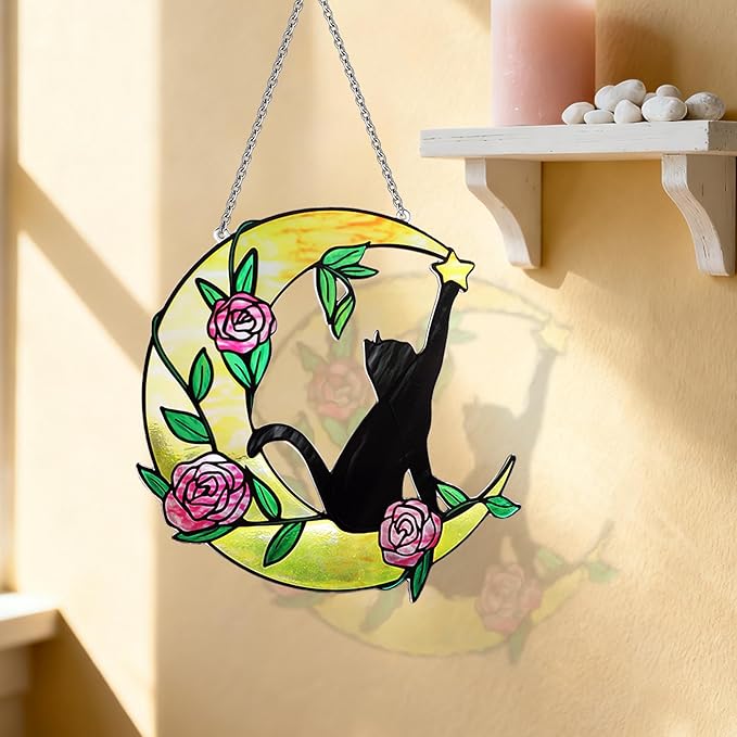 Stained Glass Window Hanging, 10 Inch Stained Glass Suncatcher, Cat Suncatcher for Home Decor, Garden, Patio, Gift for Nature and Cat Lovers
