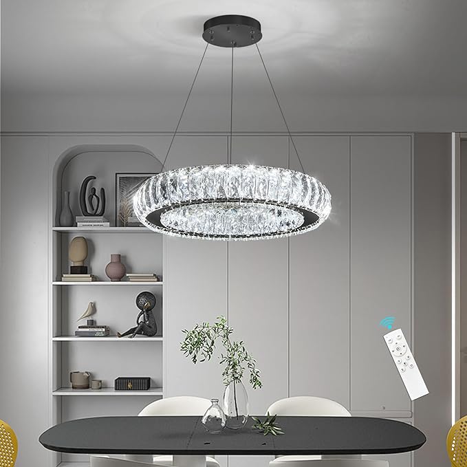 Modern Chandelier Crystal LED Dimmable Ring Pendant Lights Adjustable Hanging Lighting Chandeliers Fixtures for Dining Room Bedroom Kitchen Island Table Black Light