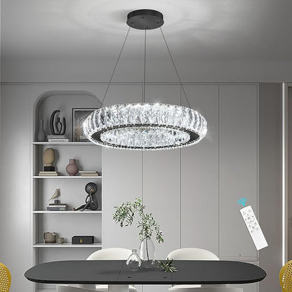 Modern Chandelier Crystal LED Dimmable Ring Pendant Lights Adjustable Hanging Lighting Chandeliers Fixtures for Dining Room Bedroom Kitchen Island Table Black Light