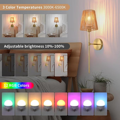 Battery Operated Wall sconces Set of Two,Rattan Shade Gold with Remote Rechargeable Light Bulbs,dimmable RGB,Living Room,Bedroom,Hallway,Bathroom can be Used