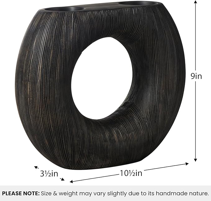 Torre & Tagus Black Donut Vase for Flowers - 9 Inch Tall Textured Vases for Centerpieces with 2 Openings, Sculptures Home Decor & Abstract Sculptures Home Decor for Shelf Decor Aesthetic (Alma)