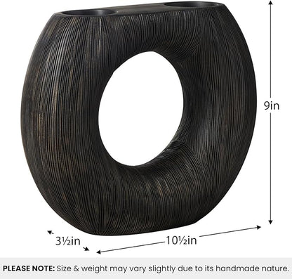 Torre & Tagus Black Donut Vase for Flowers - 9 Inch Tall Textured Vases for Centerpieces with 2 Openings, Sculptures Home Decor & Abstract Sculptures Home Decor for Shelf Decor Aesthetic (Alma)