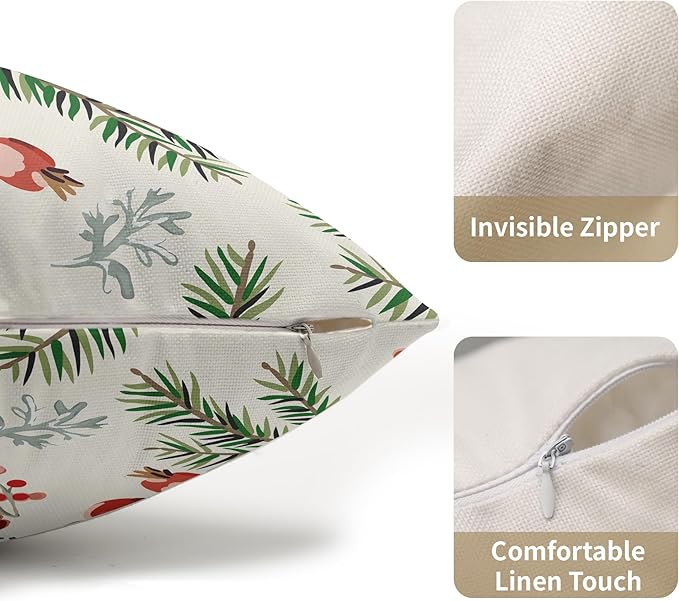 Beige Christmas Lumbar Pillow Covers 12x20 Set of 2 Green Red Xmas Twigs Rustic Decorative Outdoor Farmhouse Zipper Pillowcases Decorations Winter Holiday Throw Cushion Cover Decor for Couch Sofa Bed