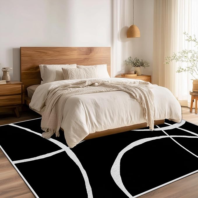 Black and White Rugs, Abstract Rug, Modern Minimalist Rug, Curved Line Design Carpet, Black and White Abstract Rugs Washable Non Slip for Living Room Home Decor 3x5