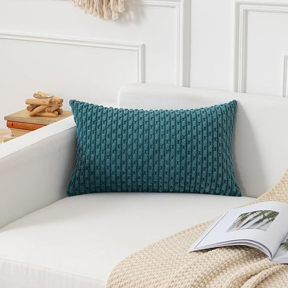 Kevin Textile 14x20 Inch Pillow Cover 1 Pack Boho Decorative Soft Striped Corduroy Lumbar Farmhouse Color Accent Rectangle Cushion Case for Living Room Couch Sofa Bed, Teal Blue