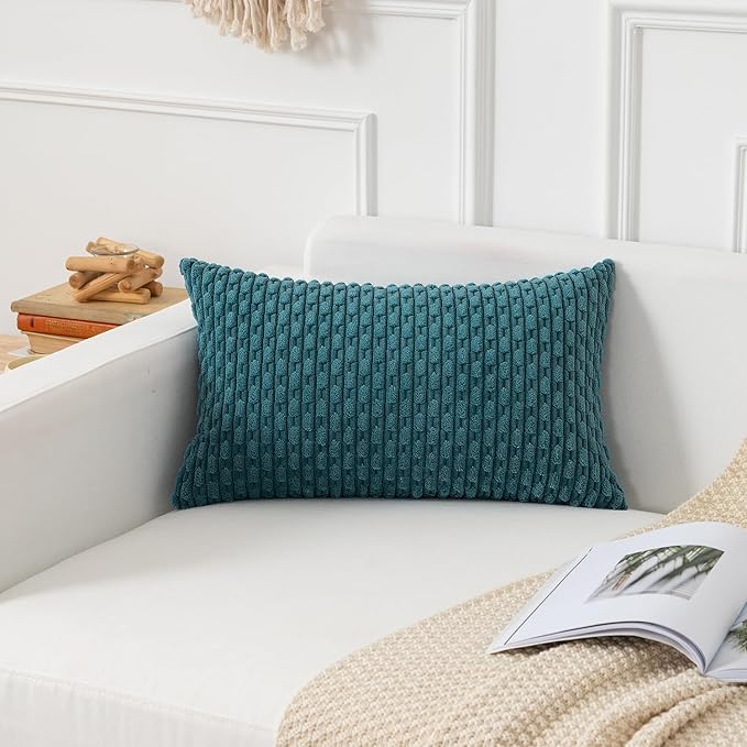 Kevin Textile 16x24 Inch Pillow Cover 1 Pack Boho Decorative Soft Striped Corduroy Lumbar Farmhouse Color Accent Rectangle Cushion Case for Living Room Couch Sofa Bed, Teal Blue
