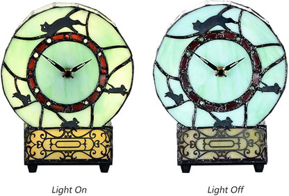 Bieye L10970 Cat and Mouse Tiffany Style Stained Glass Desk Clock Table Lamp for Home Decor (Green)