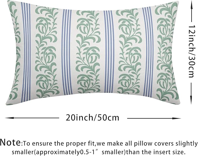 Blue Green Floral Lumbar Pillow Covers 12x20 Set of 2 Spring Vitage Flower Striped Pattern Rustic Decorative Outdoor Farmhouse Boho Pillowcases Decorations Throw Cushion Cover Decor for Couch Sofa Bed