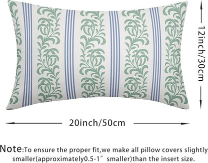 Blue Green Floral Lumbar Pillow Covers 12x20 Set of 2 Spring Vitage Flower Striped Pattern Rustic Decorative Outdoor Farmhouse Boho Pillowcases Decorations Throw Cushion Cover Decor for Couch Sofa Bed