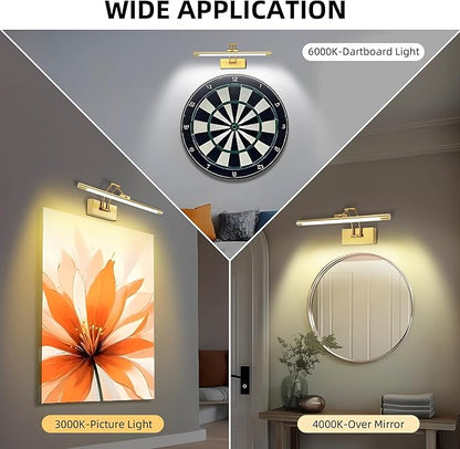 16“ Picture Lights for Wall Battery Operated, Wireless Picture Light with Remote, Rechargeable Wall Light 3000K/4000K/6000K Dimmable, Art Lighting for Paintings Frame Gallery Dartboard Light, Brass