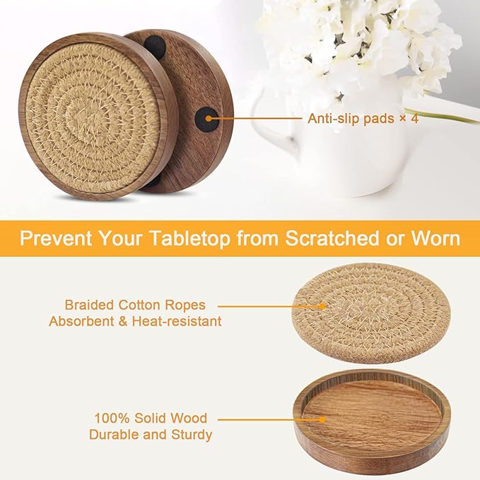 Wood Coasters for Drinks, Eykao Absorbent Coaster Sets of 5, Woven Drink Coasters for Coffee Table, Housewarming Gift for Farmhouse Home Decor,4 inches