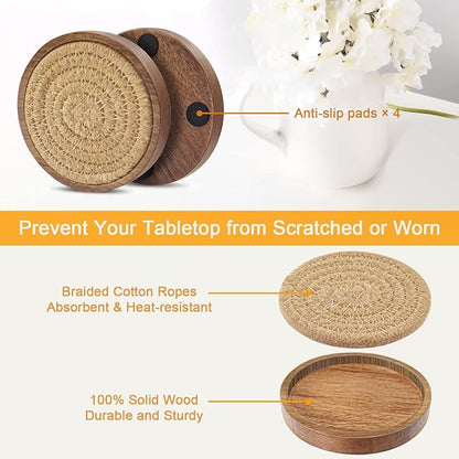 Wood Coasters for Drinks, Eykao Absorbent Coaster Sets of 5, Woven Drink Coasters for Coffee Table, Housewarming Gift for Farmhouse Home Decor,4 inches