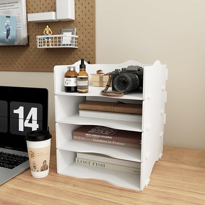 Desk Storage Compartments Stackable Letter Tray Wood for Storage Desk/Document/Paper, File Tray, A4 (White)