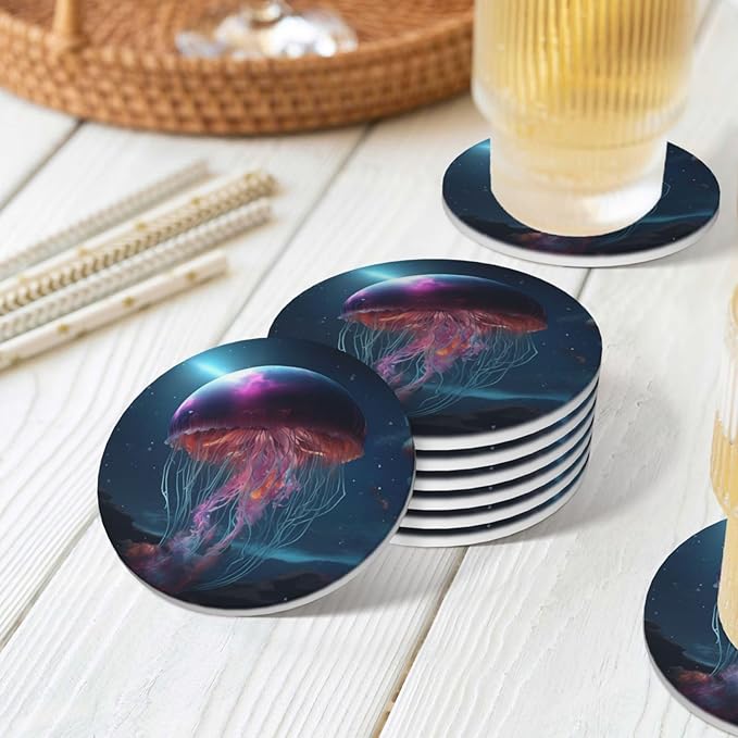 6 Pcs Ceramic Coasters with Holder Absorbent Drink Round Fantasy Mountains Galaxy Gellyfish Design for Home Table Coffee Cup Wine Beer Bar,Size 4.4 inches