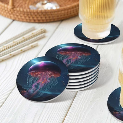 6 Pcs Ceramic Coasters with Holder Absorbent Drink Round Fantasy Mountains Galaxy Gellyfish Design for Home Table Coffee Cup Wine Beer Bar,Size 4.4 inches