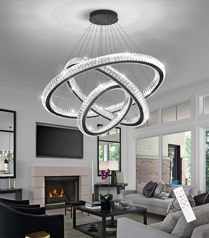 3 Rings Modern LED Chandelier Crystal Dimmable Large Foyer Chanderliers Entryway High Ceiling for Staircase Pendant Lights for Living Room Black Light