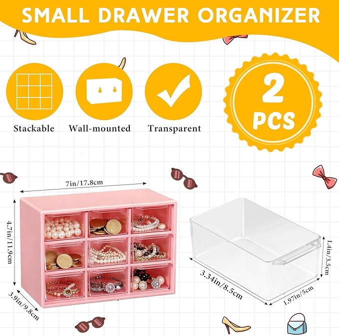 Wenqik 2 Pcs Mini Storage Drawers Teacher Toolbox Organizer with 9 Clear Drawers Small Plastic Desktop Teacher Desk Craft Organizer for Classroom Office 7" x 3. 9" x 4. 7" (Purple, Pink)