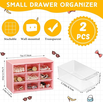 Wenqik 2 Pcs Mini Storage Drawers Teacher Toolbox Organizer with 9 Clear Drawers Small Plastic Desktop Teacher Desk Craft Organizer for Classroom Office 7" x 3. 9" x 4. 7" (Purple, Pink)
