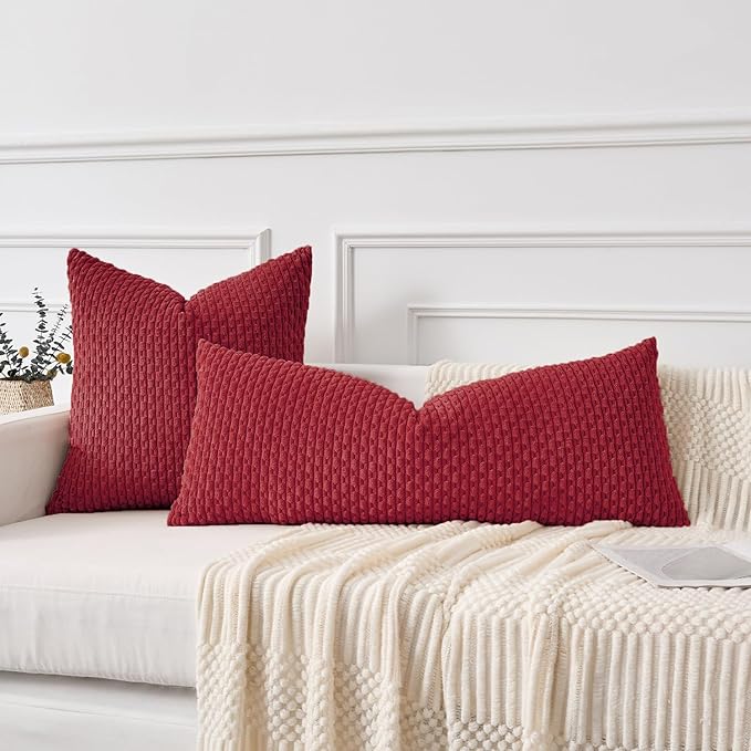 Kevin Textile 14x36 Inch Long Lumbar 1 Pack Valentines Decorative Throw Pillow Cover Soft Striped Corduroy Rectangle Cushion Case Farmhouse Solid Color Accent for Living Room Couch Sofa Bed, Burgundy
