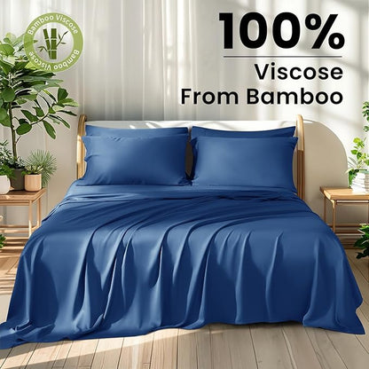 Shilucheng 100% Viscose Derived from Bamboo_ Sheets Queen Size 6pcs - Ultra Cooling & Silky Soft Bed Sheets, 16" Deep Pocket, Perfect for Hot Sleepers, Hotel Bedding Sheets (Navy Blue)