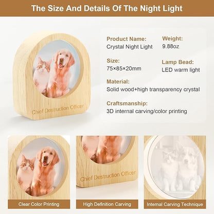 Custom 3D Crystal Photo Night Light Personalized Photo Crystal Ball Engraved Picture Lamp with Wood Base Memorial Gift for Pets Family Couple Birthday Valentine's Day (Style 1)