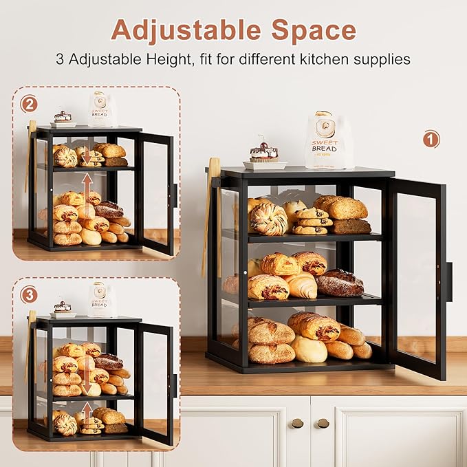 WOWLIVE Black Bread Box for Kitchen Countertop, Large 3 Layers Bread Storage Container for Homemade Bread with Window, Farmhouse Breadbox Organizer for Kitchen, Cabinet, Pantry (Black, Extra Large)