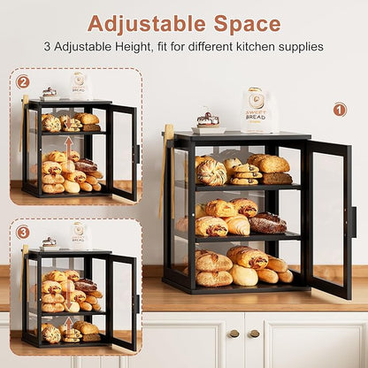 WOWLIVE Black Bread Box for Kitchen Countertop, Large 3 Layers Bread Storage Container for Homemade Bread with Window, Farmhouse Breadbox Organizer for Kitchen, Cabinet, Pantry (Black, Extra Large)