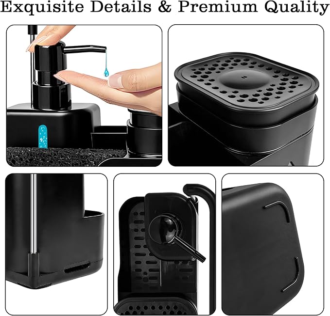 Kitchen Hand and Dish Soap Dispenser Set (Black) – Dual Pump Bottles with Sponge Caddy, Brush Holder, Towel Bar & Drain Rack – Space-Saving Countertop Organizer for Sink & Bathroom
