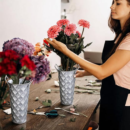 6 Pcs Silver Metal Flower Vases 9 Inch Galvanized Flower Bucket Spring Farmhouse French Bucket with Handles, Floral Vases for Centerpiece Bar Wedding Bouquet Table Decoration Supplies