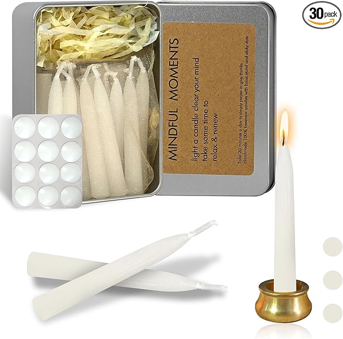 Mini Taper Candle Meditation Candles,White 20 Minute Prayer Candlestick Dripless Beeswax Candles with Brass Candle Holder for Yoga & Spiritual Rituals,30-WHI