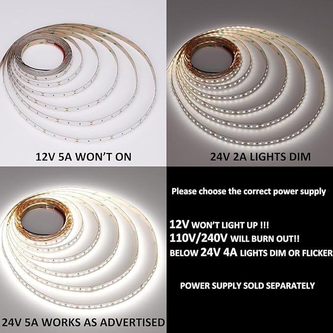 JOYLIT 24V LED Strip Lights 16.4ft 5000K Daylight White 126LEDs/M, UL Listed 680LM/FT Bright Dimmable LED Tape CRI 92+, Self-Adhesive 2835 SMD 90W 11150 Lumen Indoor Light Strip for Commercial, Home