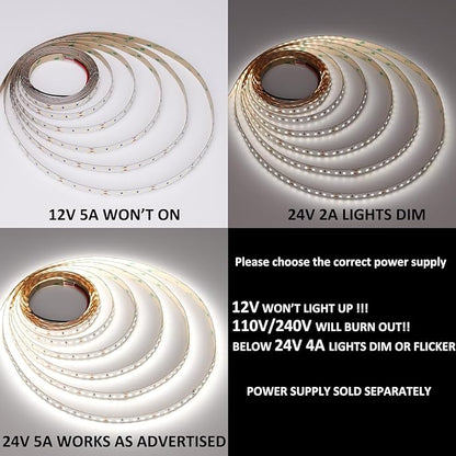JOYLIT 24V LED Strip Lights 16.4ft 5000K Daylight White 126LEDs/M, UL Listed 680LM/FT Bright Dimmable LED Tape CRI 92+, Self-Adhesive 2835 SMD 90W 11150 Lumen Indoor Light Strip for Commercial, Home