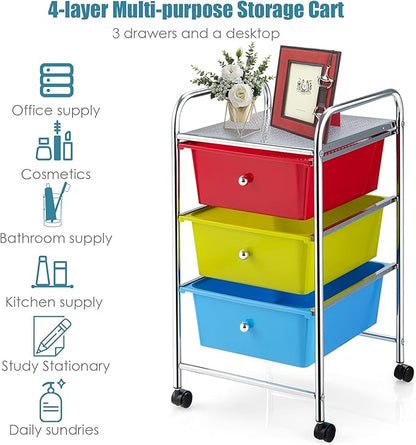 Giantex Rolling Cart with Drawers, Craft Organizer with Wheels, 3 Drawer Storage Container Bins for Back to School Office Scrapbook Paper Tools Red, Green & Blue