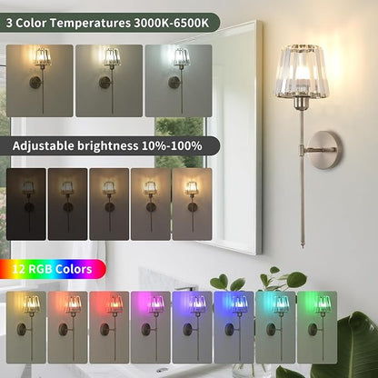 Battery Operated Crystal Wall Sconce Set of 2, Brushed Nickel Wireless Wall Light with Remote Control, LED Dimmable 15 Colors USB Rechargeable Light Bulbs Wall Lamp for Bedroom Living Room Hallway