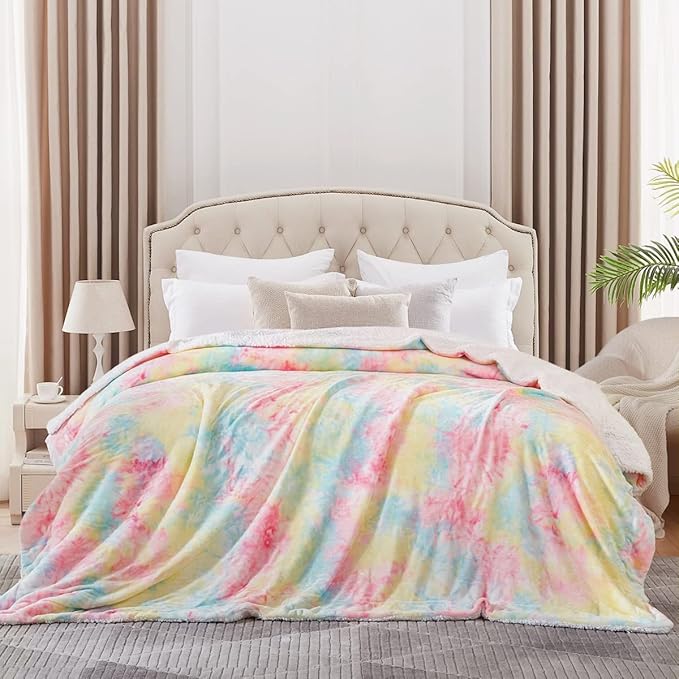 KAWAHOME Sherpa Fleece Twin Size Blanket for Bed - Extra Warm and Heavy Thick Blankets for Winter, Super Soft 500GSM Plush Blanket, 66"X 90" Rainbow