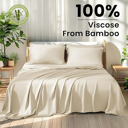 Shilucheng 100% Viscose Derived from Bamboo_ Sheets King Size 6pcs - Ultra Cooling & Silky Soft Bed Sheets, 16" Deep Pocket, Perfect for Hot Sleepers, Hotel Bedding Sheets (Beige)