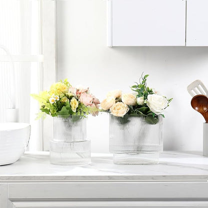 Ribbed Glass Vases, Set of 2 Fluted Vases for Flowers, Clear Vase for Tulips, Modern Glass Vase for Living Room, Dining Table, Office, Entryway, Mantle, Bookshelf, Wedding Gifts