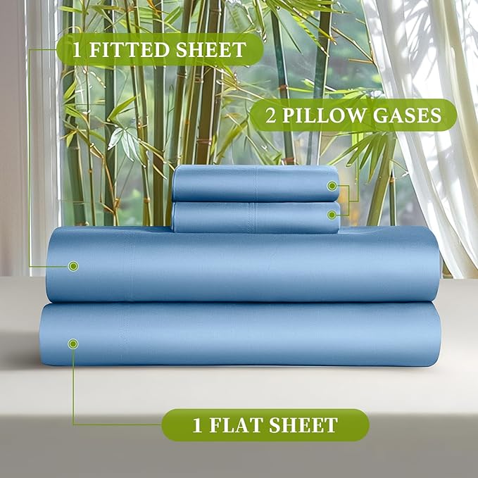 Shilucheng 100% Viscose Derived from Bamboo_ Sheets Cal King Size 4pcs - Ultra Cooling & Silky Soft Bed Sheets, 16" Deep Pocket, Perfect for Hot Sleepers, Hotel Bedding Sheets(Lake Blue)