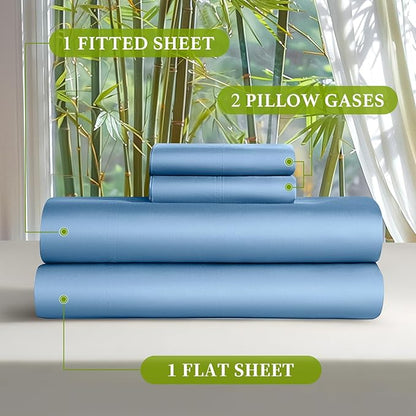 Shilucheng 100% Viscose Derived from Bamboo_ Sheets Cal King Size 4pcs - Ultra Cooling & Silky Soft Bed Sheets, 16" Deep Pocket, Perfect for Hot Sleepers, Hotel Bedding Sheets(Lake Blue)