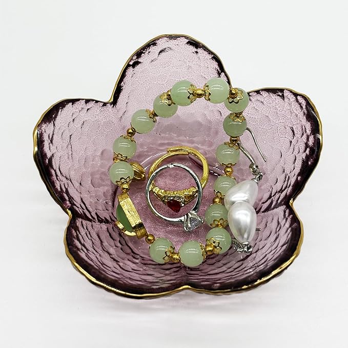 Purple Flower Ring Dish, Small Glass Jewelry Dish Tray, Ring Holder Jewlery Tray Trinket Dish, Bathroom Nightstand Decor Jewelry Bowl Christmas Friendship Birthday Gifts for Women, Soap Dish
