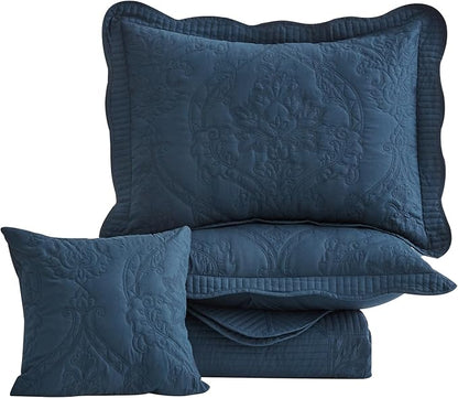 CHIXIN Oversized Bedspread Coverlet Set King Size - Lightweight Bedding Cover - Beautiful Stitching - 5 Piece Reversible Bedspread - Gorgeous Damask Paisley Pattern (King, Navy)