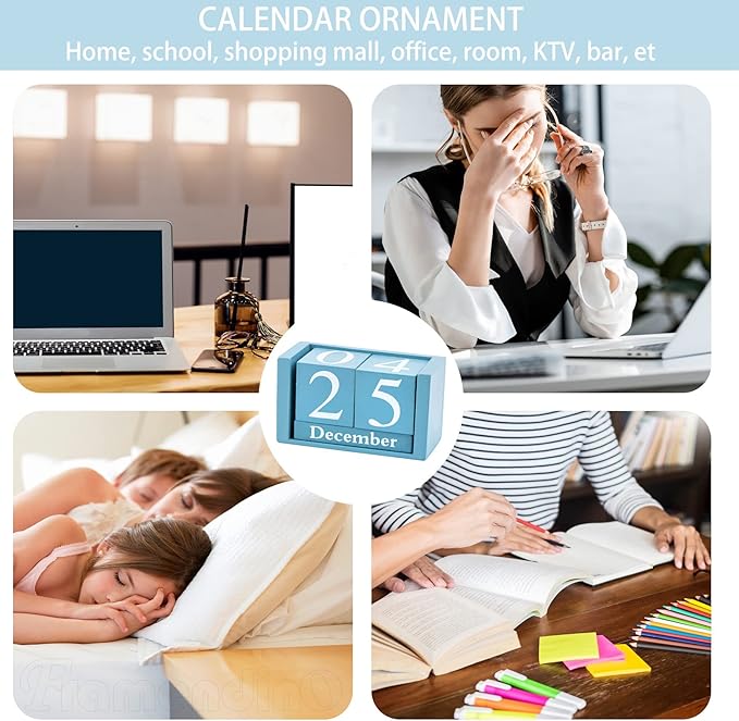 Framendino, Blue Vintage Wood Calendar Rustic Block Chic Perpetual Desktop Wooden Cubes Calendars for Home Office Desk Decoration