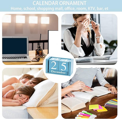 Framendino, Blue Vintage Wood Calendar Rustic Block Chic Perpetual Desktop Wooden Cubes Calendars for Home Office Desk Decoration