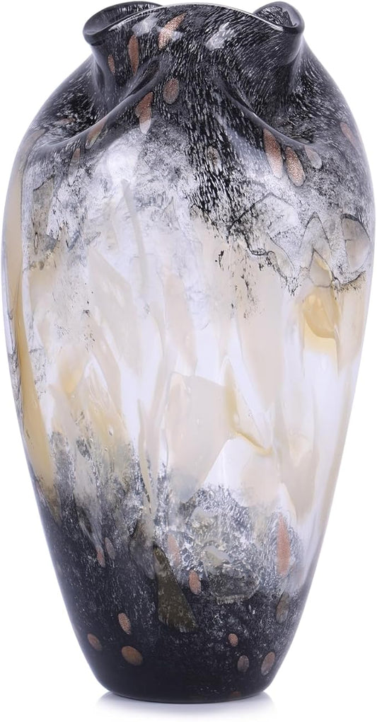Abstract Art Hand Blown Glass Vase, Black Smoke Glass Vase for Flowers, Elegant Wide Mouth Glass Vase for Centerpieces, Vintage Glass Farmhouse Vase, Unique Modern Vase Decor for Home