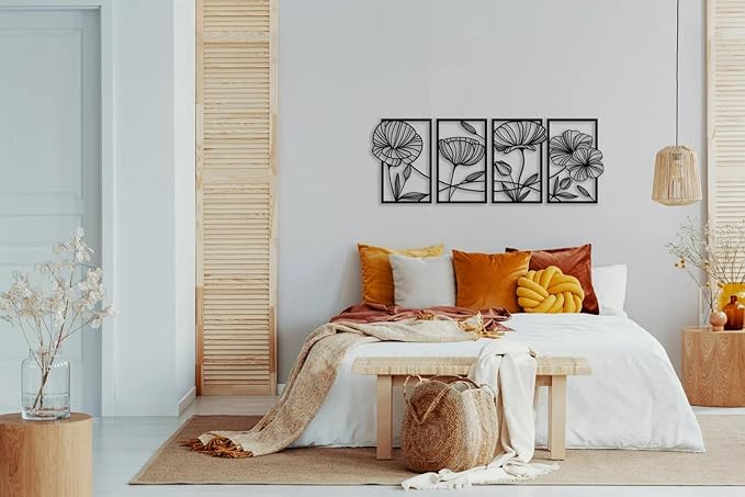 ESTART 4 Pieces Metal Lotus Wall Decor Abstract Floral Aesthetic Splicing Line Art Minimalist Wall Decor for Bedroom Flowers Hanging Wall Sculpture for Living Room Kitchen Office Yoga Room (Black)