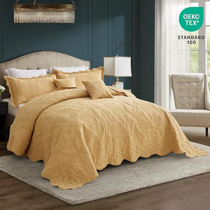 HZ & HY Oversized King Bedspread 128x120 Extra Wide, Quilted Coverlet Bedding Set, Lightweight Thin Comforter, Reversible, Luxurious, 5 Piece, 100% Microfiber, Honey Gold