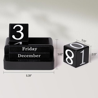 Wooden Block Calendar for Desk, Daily Desktop Perpetual Desk Calendar, Modern Farmhouse Aesthetic Desk Accessories for Home Office Decor, Teacher, Classroom, Reusable Yearly, Black