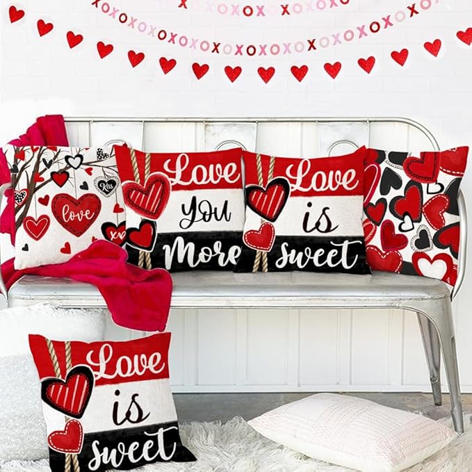 GEEORY Valentine's Day Throw Pillow Covers 18x18 Inch Set of 4, Valentines Red Black Hearts Love You More Decorative Farmhouse Holiday Cushion Case for Home Decoration G644-18