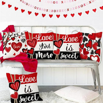 GEEORY Valentine's Day Throw Pillow Covers 18x18 Inch Set of 4, Valentines Red Black Hearts Love You More Decorative Farmhouse Holiday Cushion Case for Home Decoration G644-18