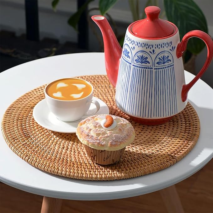 Natural Rattan Woven Placemats; Oval Tableware Mats Anti Slip Multifunctional Placemat (35x35cm Handwoven Trivet).